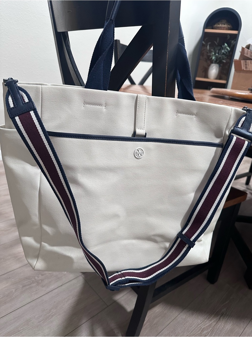 Tory Burch White TENNIS Tote with Navy and Burgundy Striped Strap